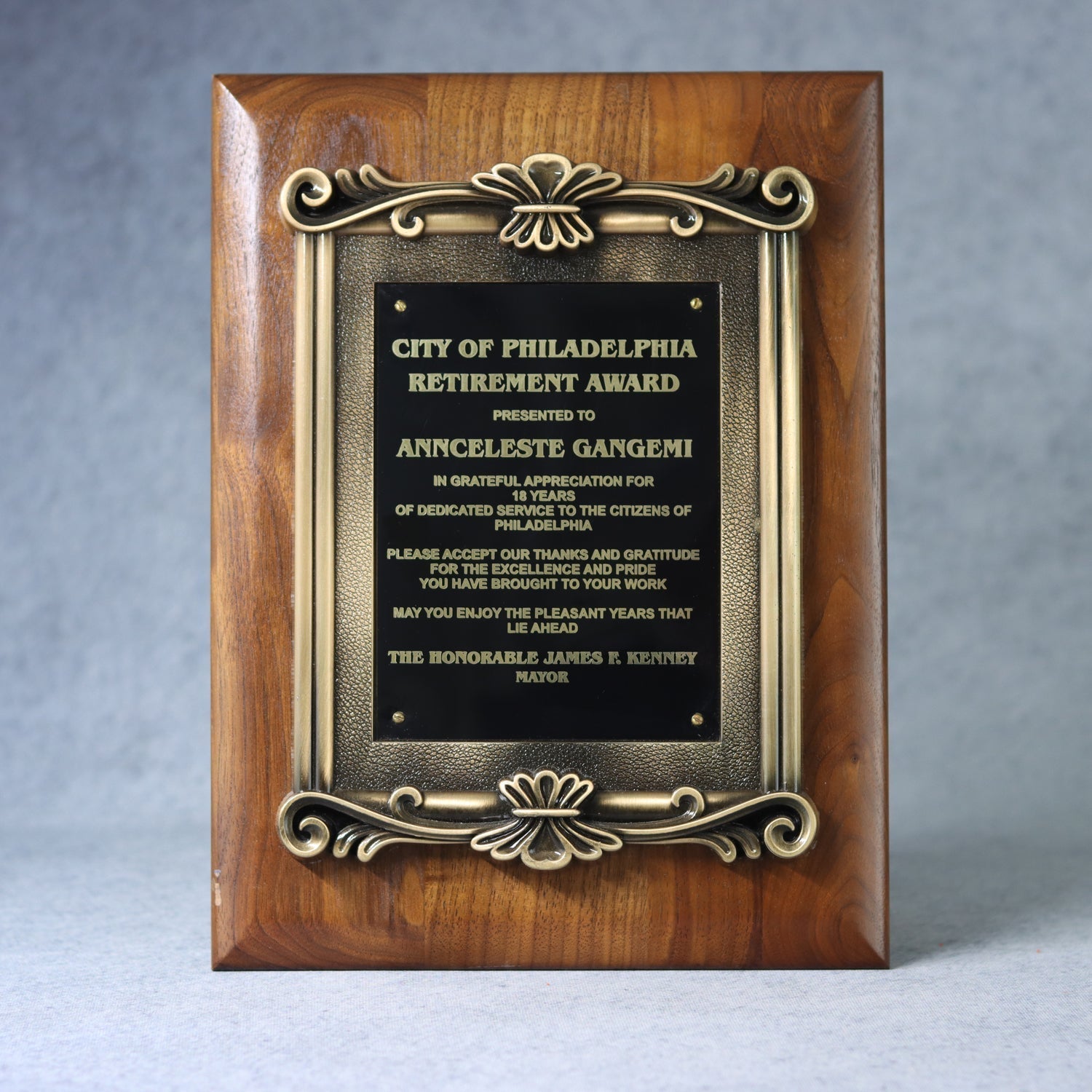 Solid Walnut Plaque with Antique Gold Metal Scroll Frame